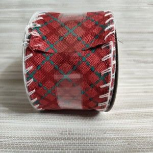 Wired Ribbon 2.5" x 20' Red with White "stitch" Trim and Green Checked Design